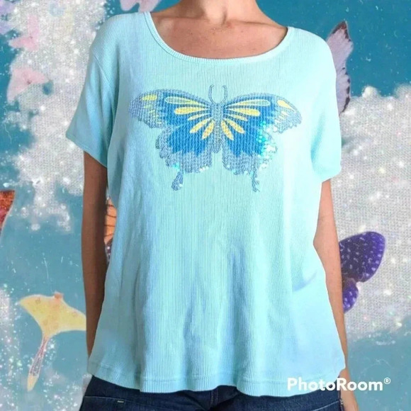 Vintage Curve Woman Blue Ribbed Sequin Butterfly Tee 2X - Picture 11 of 11